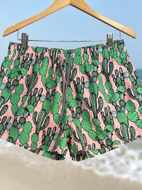 Boardies Apparel Swim Shorts Women L Pink Green Cactus Elastic Waist  Drawstring